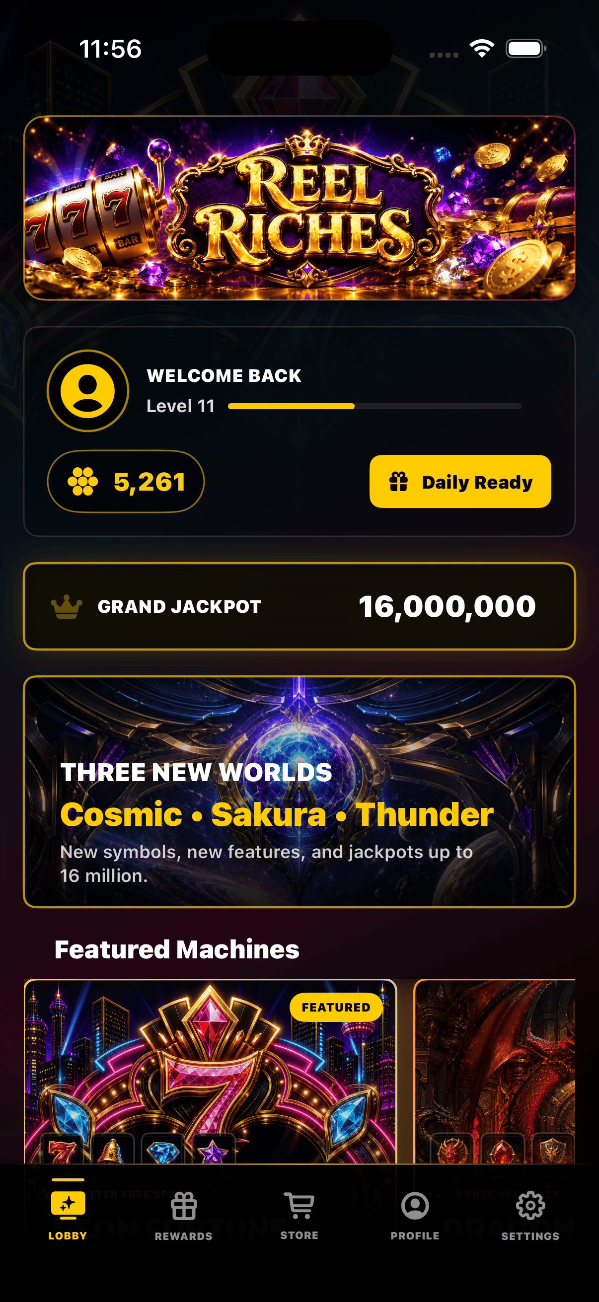 Reel Riches app lobby screenshot