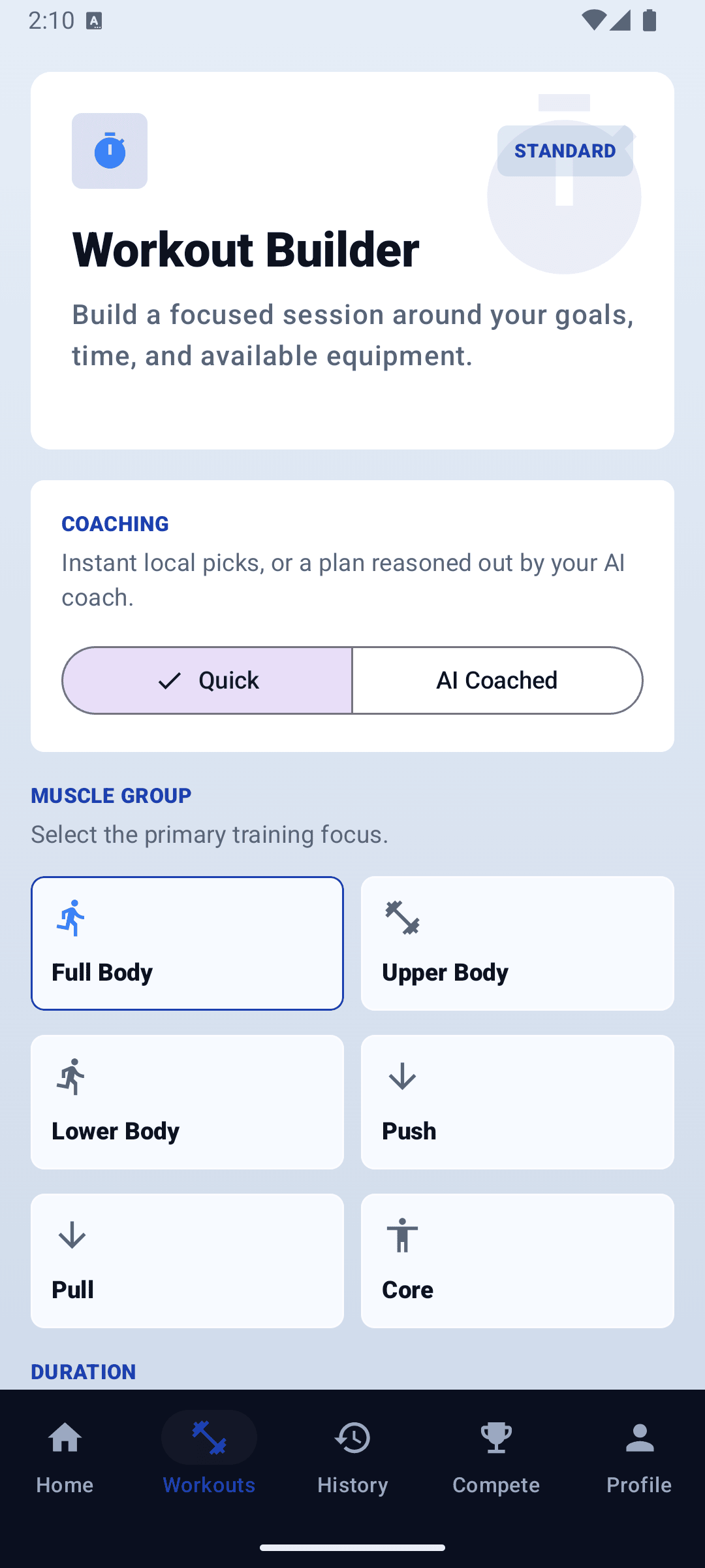 Strength Rank workout builder screen